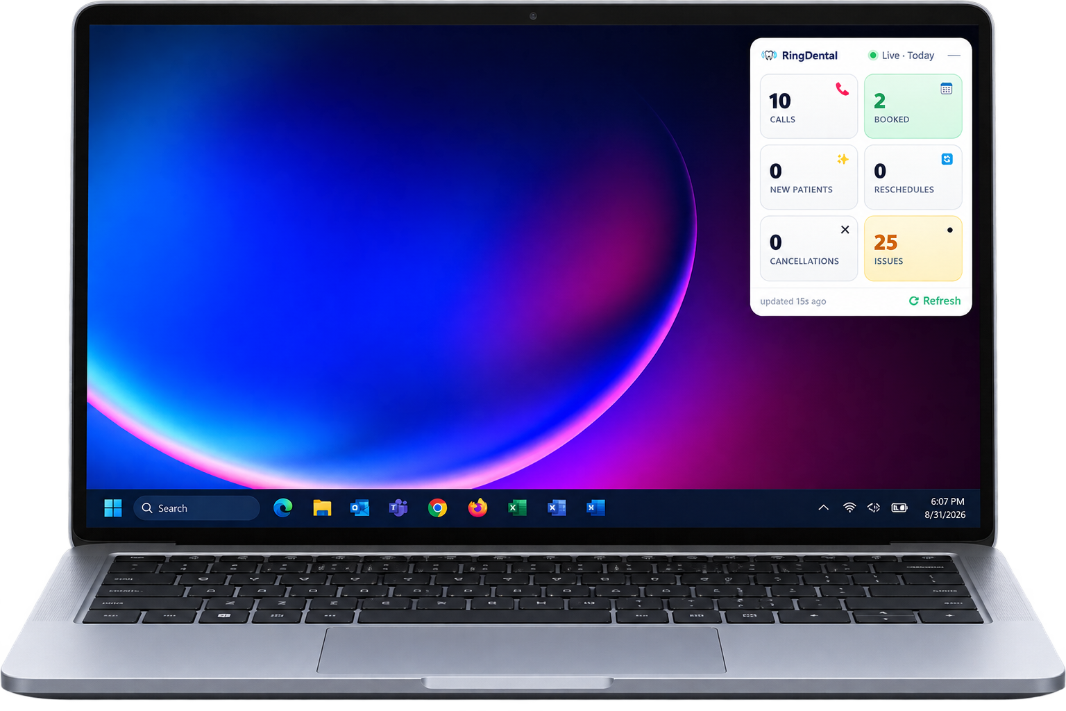A Windows laptop with the RingDental widget pinned in the corner of the screen, showing 10 calls, 2 booked and 25 issues for today.